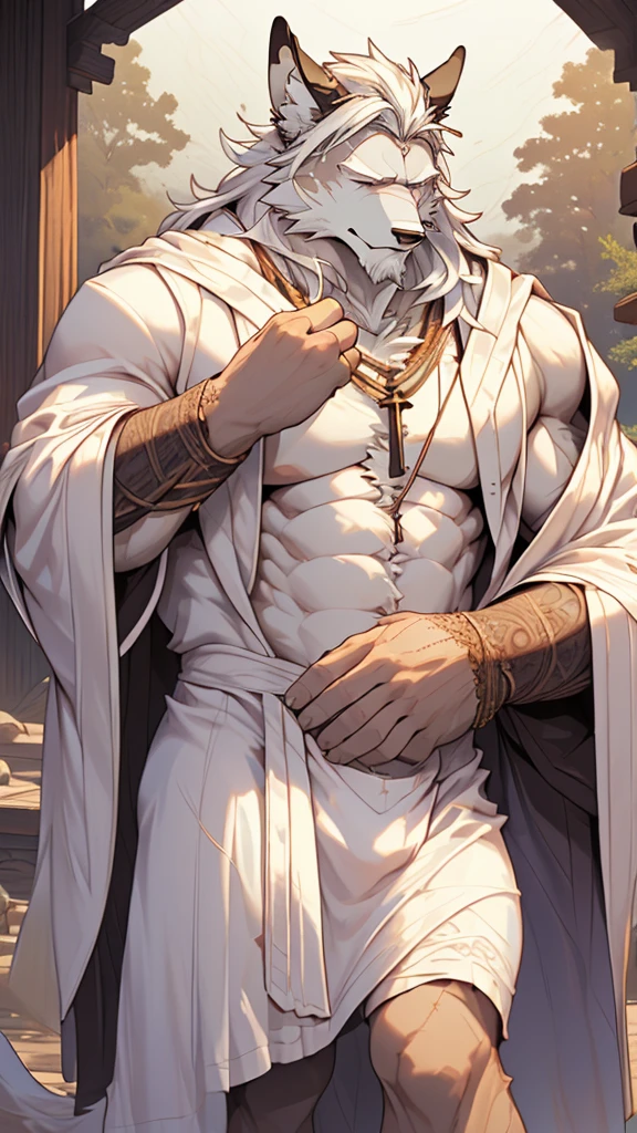 (masterpiece),(highres),(intricate details:1.4),extremely detailed,(illustration:1.2),8k,photorealistic,exquisite,,aged,elder male wolf ,muscular,(bishop :1.7),(Ancient Greek mythological style;1.8),(loose white robe:1.6),manhood,safeguard,(white hair:1.3),long hair,long white beard,scar,(badly damaged),(sacrifice),hurt,broken body ,(bulging crotch:1.8),(homosexual),(naked upper body:1.7),(a serene face:1.9)