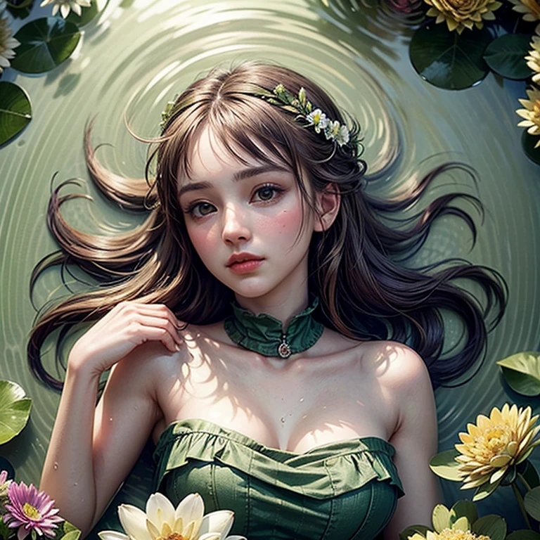Beautiful girl floating on a river, long flowing hair, gentle expression, water lilies and flowers, lush green foliage, atmospheric lighting, classical painting style, muted color palette, cinematic composition, photorealistic, Ultra-detailed ((She is lying face up in the water holding a colorful bouquet💐)) BREAK (((Ophelia BY John Everett Millais )))(Masterpiece 8K TopQuality:1.2)