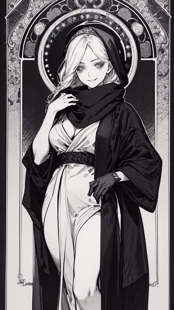 Highest quality, (Background details), High Contrast, Very beautiful woman, Detailed original illustrations, functional, Delicate face, Ninja, Ninja costume, scarf, Face covered with a hand towel, Charm, Bad boy, sexy, Real breasts, Crazy Smile, Crazy Eyes, Black Robe, Black background, (Black background: 1. 5), Beautiful line art, Monochrome