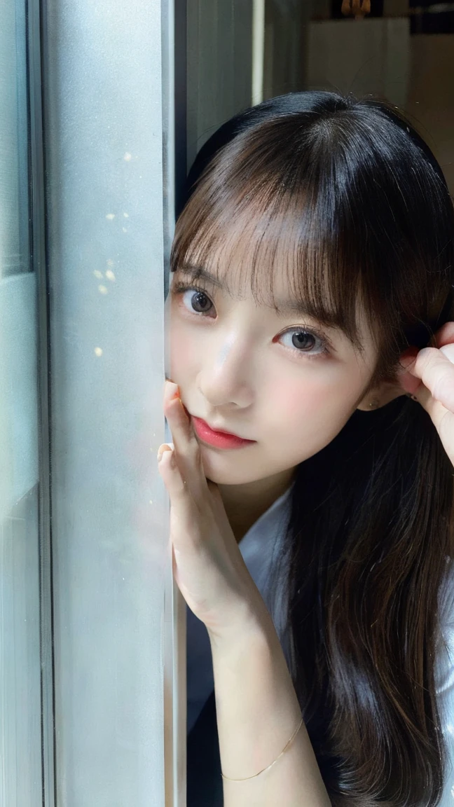 (in 8K, Raw photography, Highest Quality,realisitic, Photorealsitic,extremely delicate and beautiful,Highly detailed, finely detail,ultra-detailliert, high resolution:1.3), japanes, femele, (), Viewer's Perspective, Beautiful and shiny straight semi-long hair, see-through bangs, Embarrassed look, Half-open lips, Draw poses and angles randomly, (Beautiful fece:1.2), (kawaii:1.3)