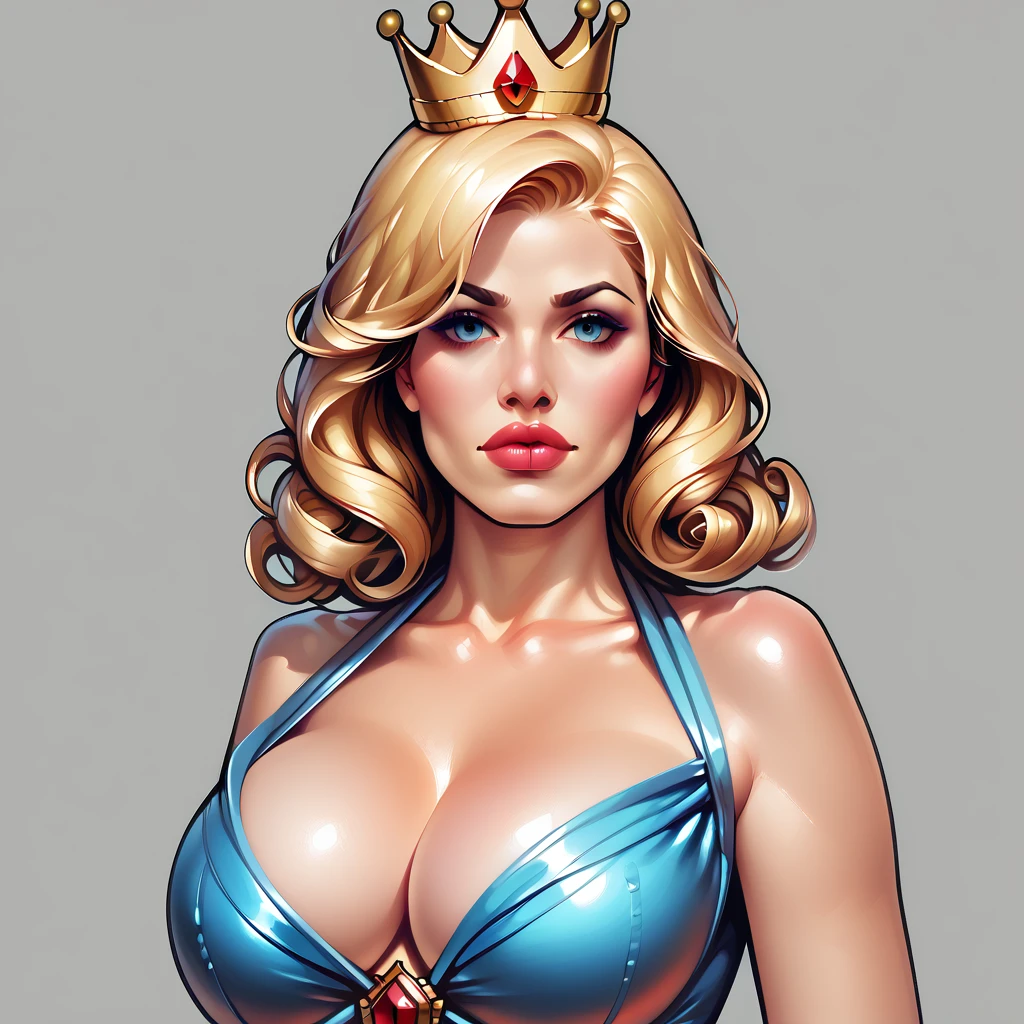 1girl, young woman, blonde curly hair, curvy hourglass figure, crown, regal elegant queen portrait, exquisitely detailed face and eyes, highly detailed, photorealistic, 8k, ultra-detailed, hyper realistic, oil painting, dramatic lighting, warm color palette, cinematic, dramatic pose, sensual, alluring, elegant, beautiful, masterpiece