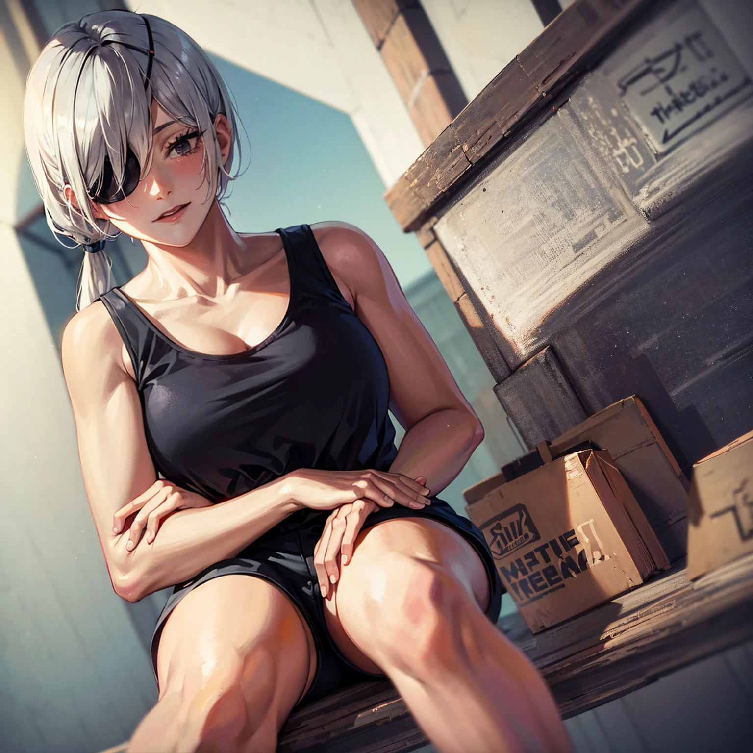 (masterpiece, Best quality:1.2), One, 1 girl, Quanxi, happy face, open mouth, Looking at the viewer, crossed arms, ponytail, eyepatch, black tank top, black trousers, large breasts, looking sexy