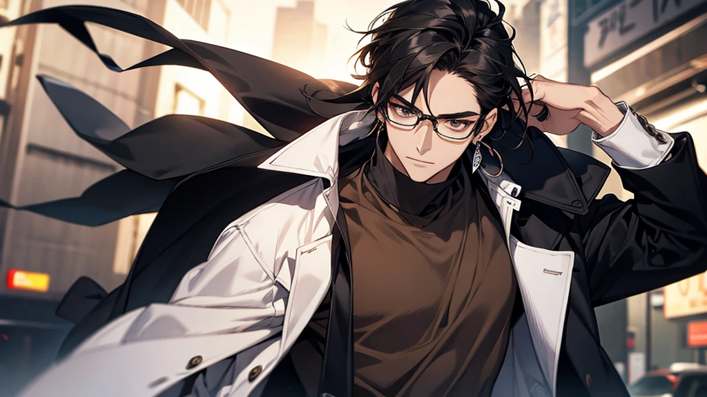 18 year hold male With glasses,Has shoulder length black hair and also wears earrings Who is standing