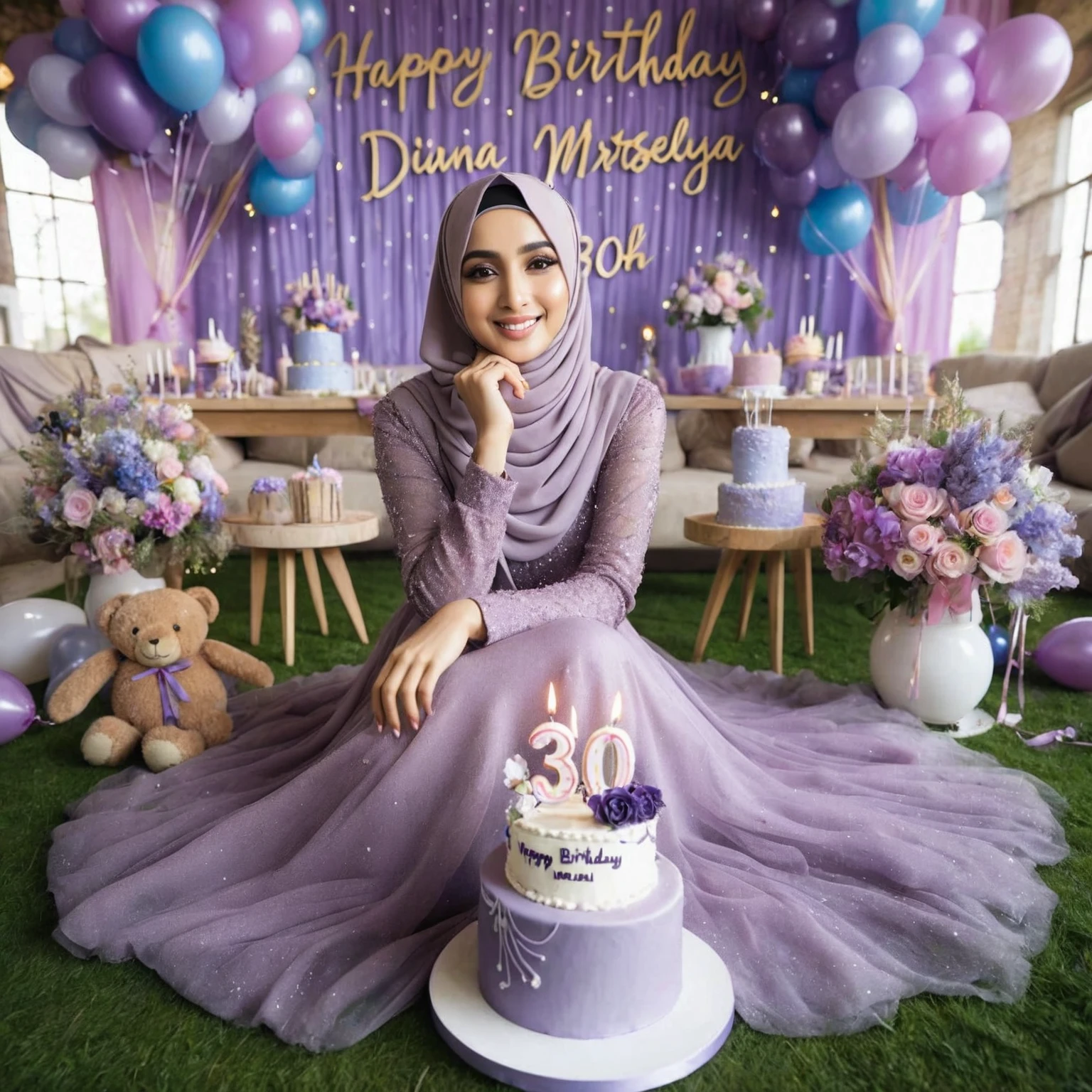 professional photography of the birthday celebration of a 30 year old Hijab woman wearing a beautiful party dress, sitting on the grass filled with balloons and birthday decorations with the number 30 and the words "Happy Birthday Diana Marsellya", there is a birthday cake that says "Happy Birthday 30th ", he is happy and smiling, indoor background with birthday decoration backdrop, long distance shot with 800mm lens, high quality photo