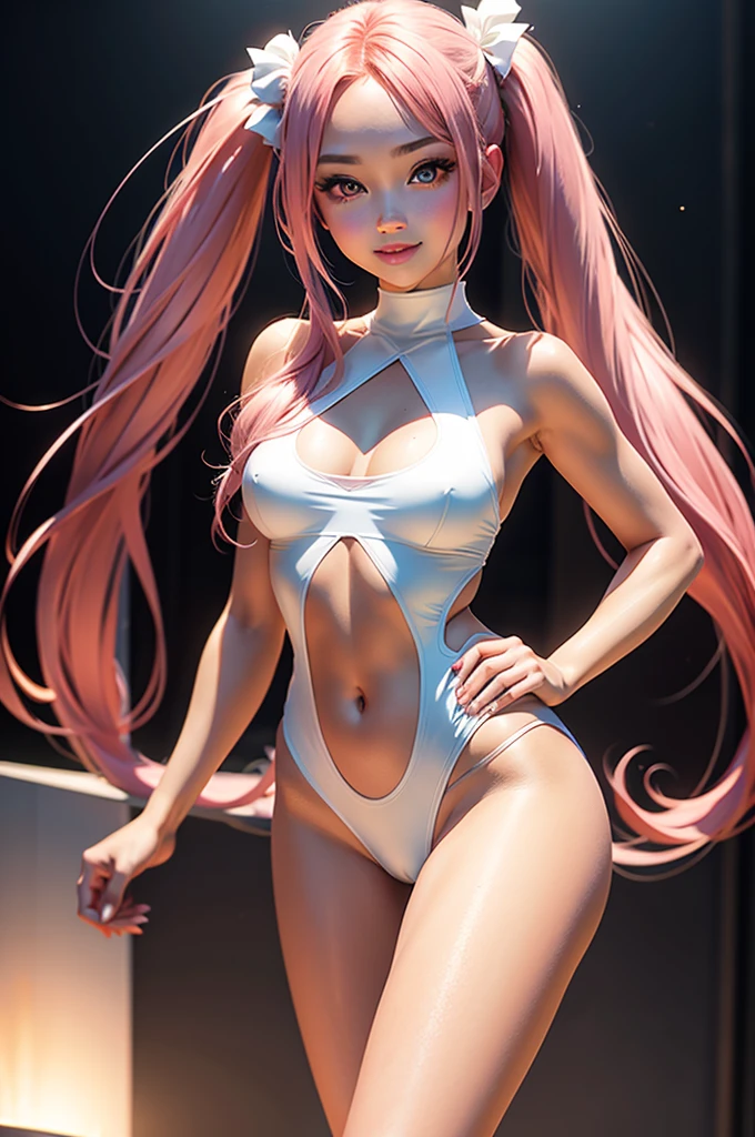 Perfect human body modeling, 1girl, small breasts, beautiful girl, cute girl and idol face, young face, smile, Beautiful long pink hair, twintails, Beautiful shining red eyes, white skin, Short body, fashion show, runway, spotlight, whole body, swimsuit that is too tight to wear, Naughty Swimsuit,