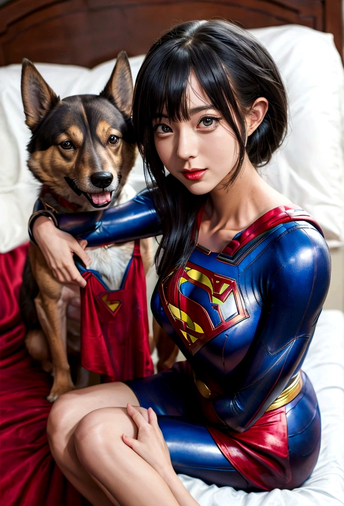 araffe woman in a superman costume sitting on a bed with a dog, full-cosplay, professional cosplay, supergirl, artgerm moody photography, super model, aly fell and artgerm, superman, with cape, wearing hero costume, alena aenami and artgerm, cosplay photo, captured on canon eos r 6 