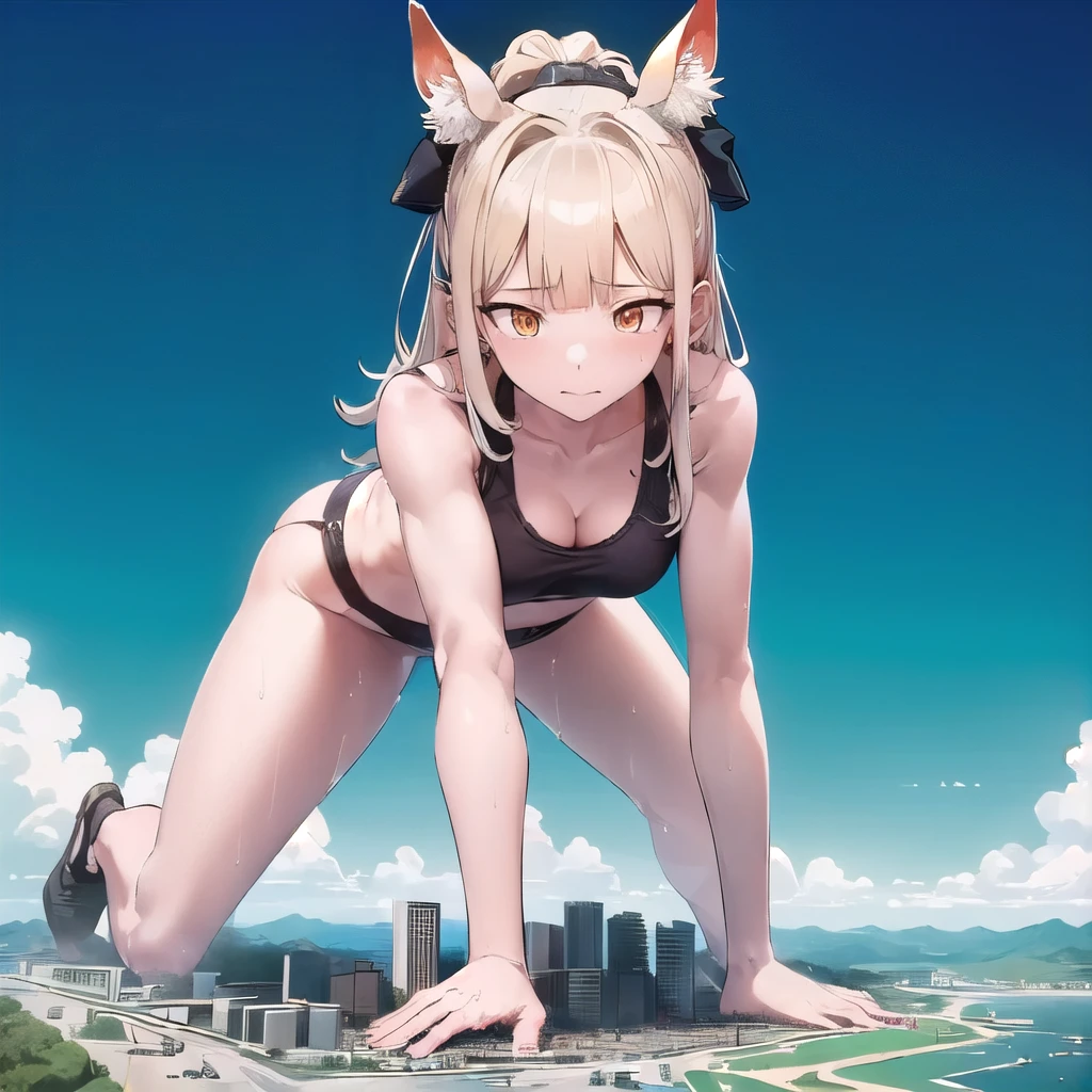 giantess, 1 raparig,Woman rolling a roller, push ups,((put your hands on the ground), On all fours, Exercising,,(Small breasts), character standing on a mountain top next to a city, Super huge high school girl bigger than a city, Trying to crush a miniature metropolis, ((destroyed city)), Wearing white sportswear that shows, Wear black yoga pants underneath, navel, Long legs, Tightens abs, No chest leakage, crash city, tiny city, micro city, skinny pants, gym room, big assa, city, Sweat, Falling sweat, giga giantess, huge craters, ravines, cracks in the ground, earthquak, blue sky, City, Background on the street, (((The Girl Who Crushes the City))), blemishine_arknights ,White Hair, Orange Eyes, Sweat, first-person view, first-person view, anime, best quality, masterpiece, highres,Cleavage-revealing sportswear,Knees on the ground,Prone,Upper body on the ground,