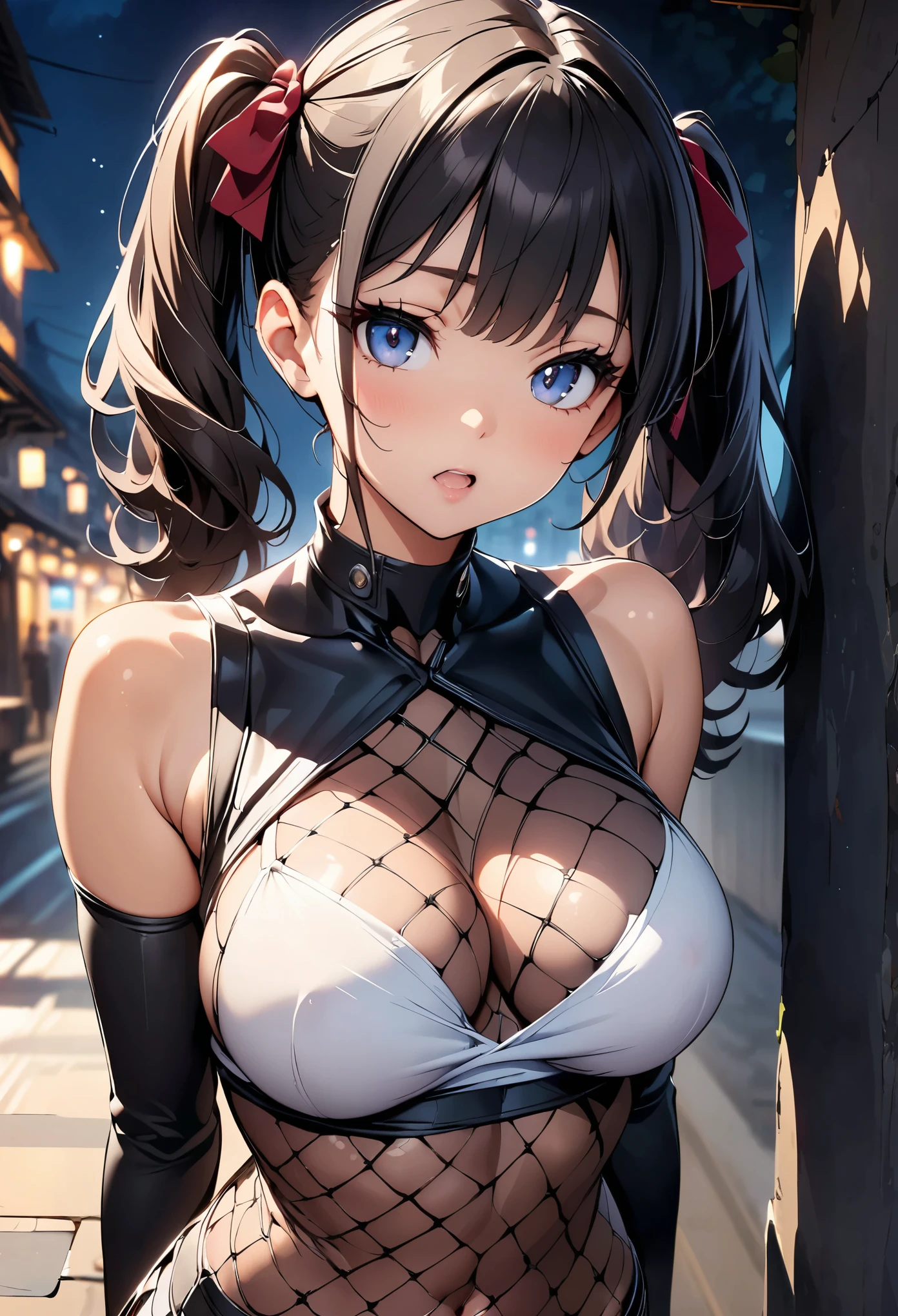 (Highest quality:1.24, Very detailed, Delicate and beautiful CG art, Detailed illustrations, High detail, masterpiece:1.2, Highest quality, Best aesthetics), (((1 Girl))), JK, ((Body net:1.2, Gloss)), Open your mouth:1.2, (Black Hair, Twin tails in a high position, Bust Shot:1.1, Front view, Random Posing, Friendly atmosphere, Glossのある髪, Beautiful Skin, Detailed face and eyes, Glossのある唇, Curvy Women, Slender body, Beautiful breasts:1.4, night, Leaning against a wall, Light and shadow with attention to detail, Background Blur.