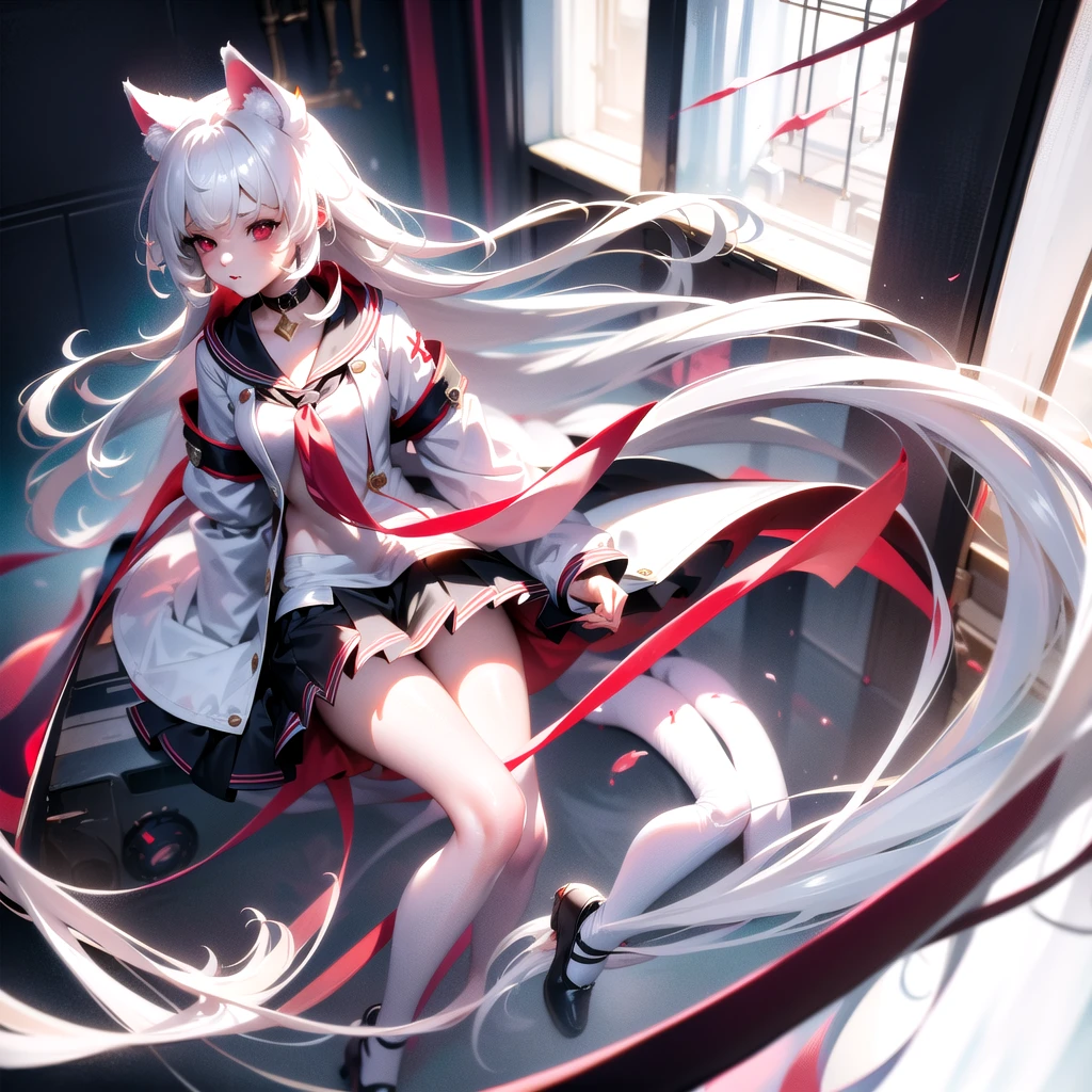 masterpiece, highest quality, highest resolution, clear_image, detailed details, White hair, long hair, cat ears, 1 girl, red eyes, white lab coat (with a black short skirt), white pantyhose, white scarf (around the neck), cute, full body, no water marks