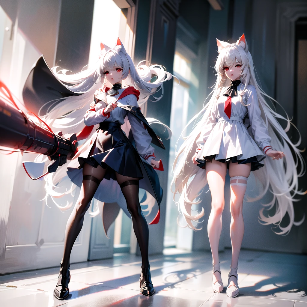 masterpiece, highest quality, highest resolution, clear_image, detailed details, White hair, long hair, cat ears, 1 girl, red eyes, white lab coat (with a black short skirt), white pantyhose, white scarf (around the neck), cute, full body, no water marks