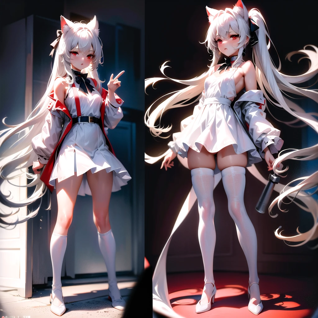masterpiece, highest quality, highest resolution, clear_image, detailed details, White hair, long hair, cat ears, 1 girl, red eyes, white lab coat (with a black short skirt), white pantyhose, white scarf (around the neck), cute, full body, no water marks