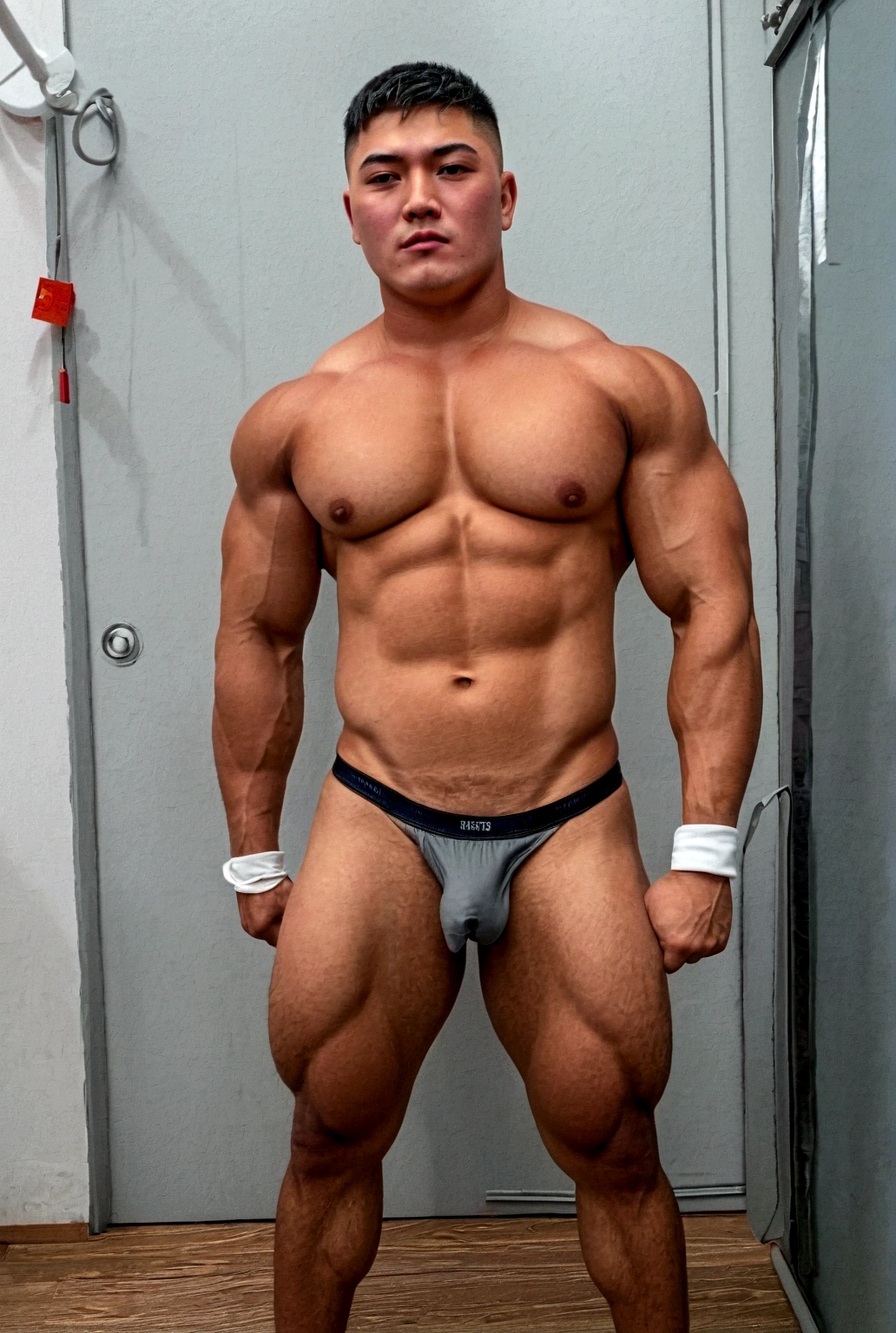 Naked men,Naked Japanese Bodybuilder,sunburn skin Black Japanese bodybuilder,,19yo,Oversized Big body,no body hair,naked,Very bulky Big underboobs, Skin with visible veins, medium length hair,A cinematic scene unfolds in 8k resolution, where in brig,(Gorilla-like face:0.6),Big Nose,(beautiful penis:1.4)(big penis:0.7)(Thick penis:0.7)(elect penis:1.7)(Detailed elect penis shape:1.4)nsfw、Strong sexual attraction、Sex symbol、Big eyes、Thick lips、Photos with clear people