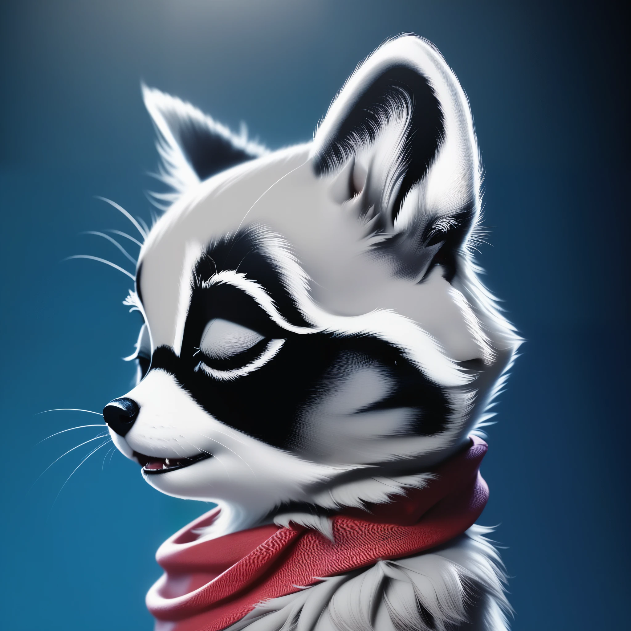  The image features a black and white raccoon with a red scarf on its neck, standing. 3d cat raccoon with eyes closed, raccoon, it has dark eyes, 3d realistic toy, fur, multiple light sources, rim light, sharp post effects render, perfect cgi, smooth silhouette, high intensity refraction, most beautiful vfx, realistic, 4k, high resolution, rim light, smooth 3d model, sharp post effect
