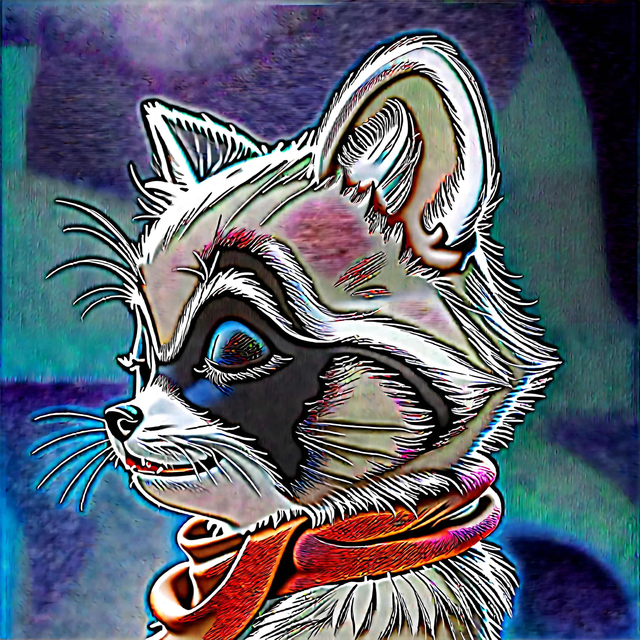 The image features a black and white raccoon with a red scarf on its neck, standing. 3d cat raccoon with eyes closed, raccoon, it has dark eyes, 3d realistic toy, fur, multiple light sources, rim light, sharp post effects render, perfect cgi, smooth silhouette, high intensity refraction, most beautiful vfx, realistic, 4k, high resolution, rim light, smooth 3d model, sharp post effect