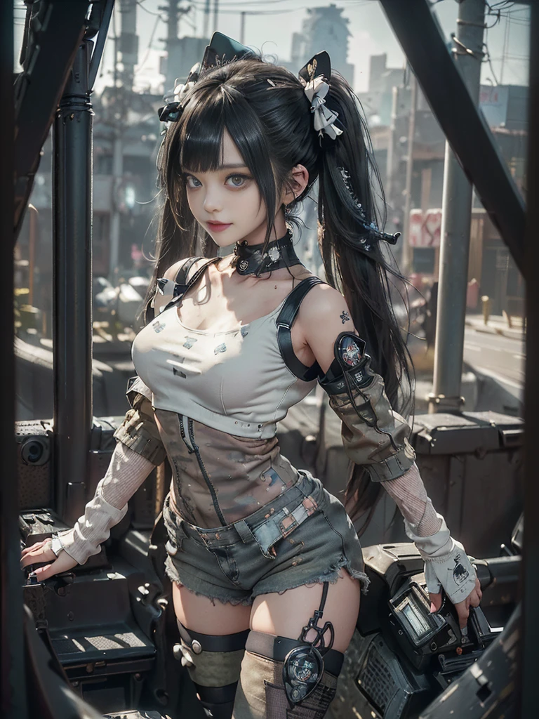 (Full Body View:1.3)、(Side view:1.1)、(Please smile with your teeth showing:1.4),(Shibuya Gal:1.5)、(Gothic Lolita style fashion:1.5)、(Tattered khaki and gray futuristic micro high leg bodysuit:1.5)、(Tattered Khakis and White Micro Fancy Sleeves:1.5)、(Tattered khaki micro shorts:1.5)、(Brown and khaki knee socks:1.3)、(camouflage:1.3)、(Military jacket:1.4)、Brown boots、Khaki gloves、internal、(The underwear is striped:1.4)、23 years old、(do a gravure pose:1.3)、((Highest quality、8K、masterpiece:1.3))、One girl、The beauty of slim abs:1.3、(Hairstyle Casual、Big Tits:1.1)、dress:1.1、Super small face、Narrow eyes、double eyelid、Laughter、Esbian all over、Dynamic Angle、Close-up、CPL Filter、Blurred Background、Bokeh、Blue Hour、Detailed face and skin texture、Detailed Eyes,(Twin tails:1.3)、(Black brown hair:1.4)、Gravure idol pose、(The background is the cockpit of a futuristic weapon.:1.3)、(The body is slim:1.2),(Slim legs:1.4),(clavicle:1.1)