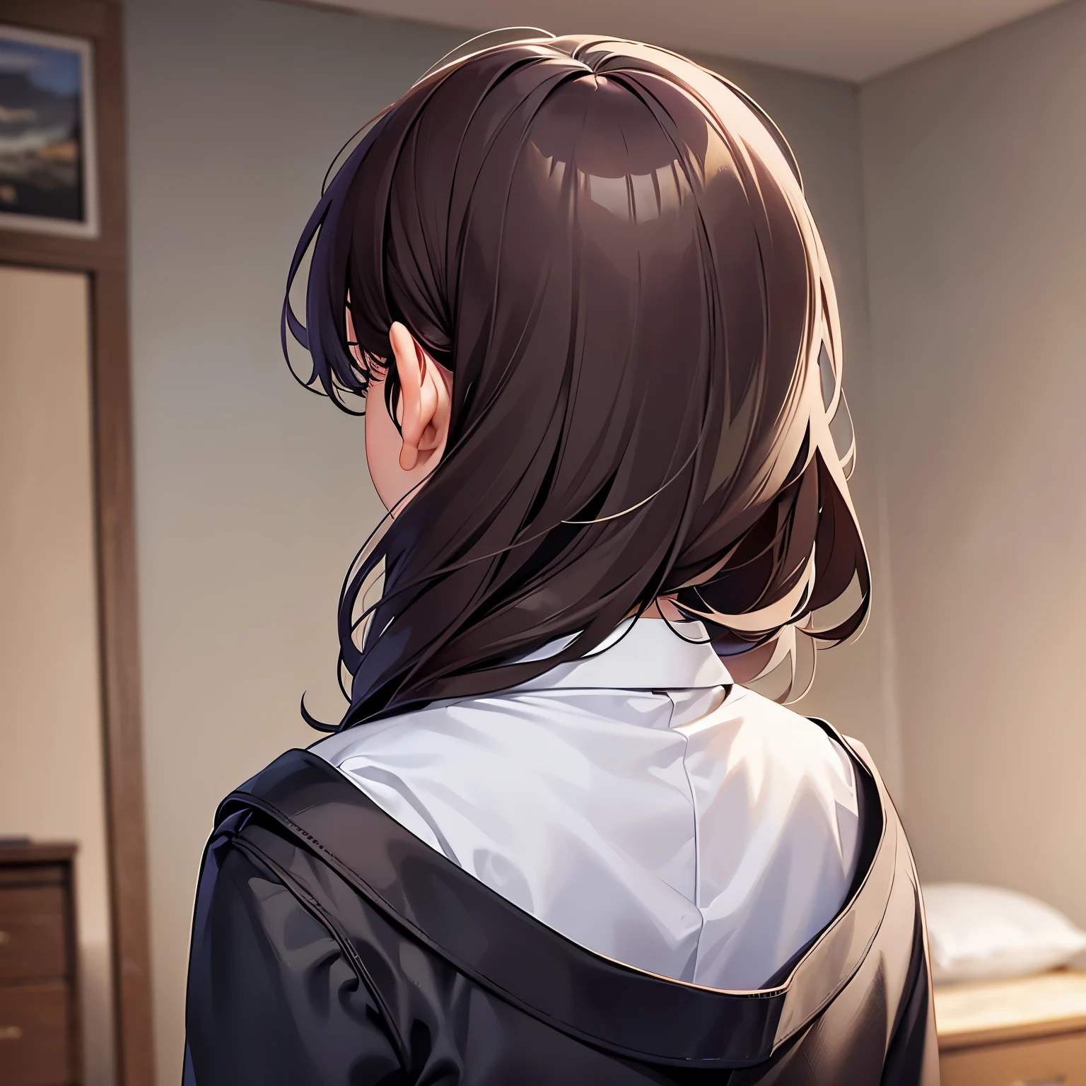 back view、(A 35-year-old woman with medium-length hair and bangs) and (wavy hair) and (brown hair) and (Orange Eyes) , (Wearing a white collared shirt),(Wearing a black jacket)、Back view、The background is the living room、I can't see your face