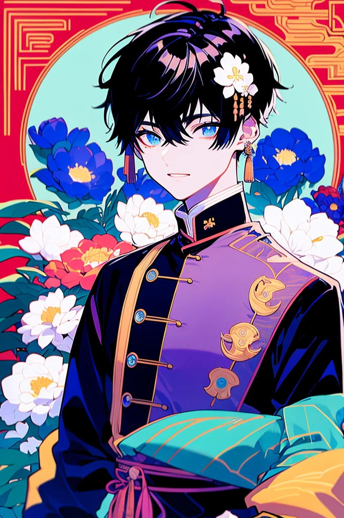 White background、Japan anime illustrations、成人male、アニメのmale、Orange Hair、all back、Black headband、Monocle、Purple Eyes、White shirt、Black vest、Black slacks、Brown leather shoeale、日本のmale、笑顔のmale、おでこがでているmale