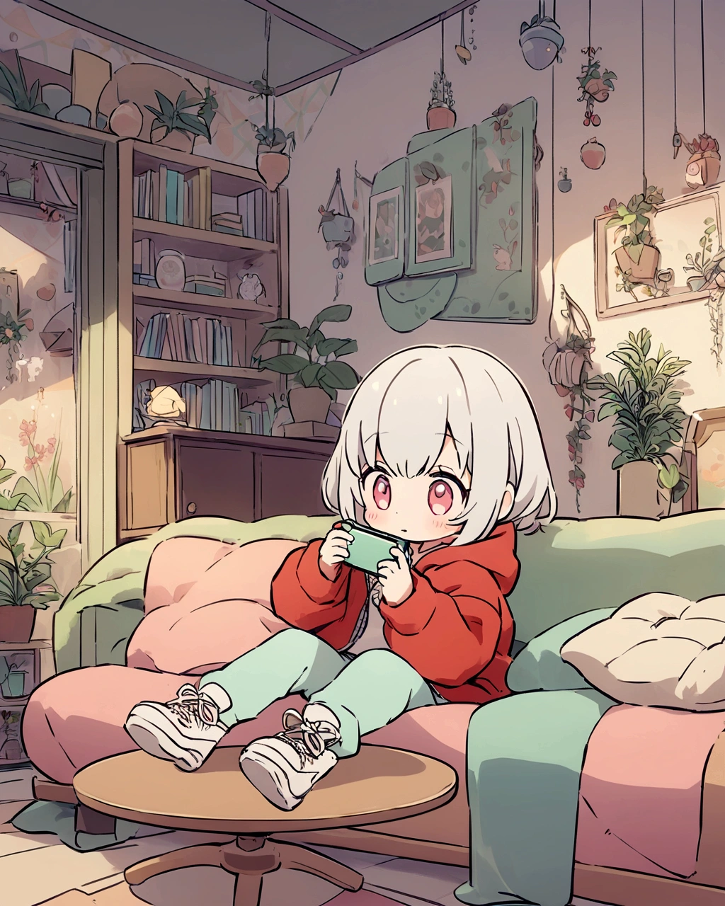 "A young girl with light gray hair sits on a couch in a cozy living room, holding a smartphone. She is wearing a white and red oversized jacket and white sneakers. The room is filled with various green plants and has a warm, inviting atmosphere. A can of soda and a stack of books rest on a small round table in front of her. The walls are decorated with framed pictures and shelves with small plants and other decorations. The scene is illustrated in an anime style with soft, pastel colors."