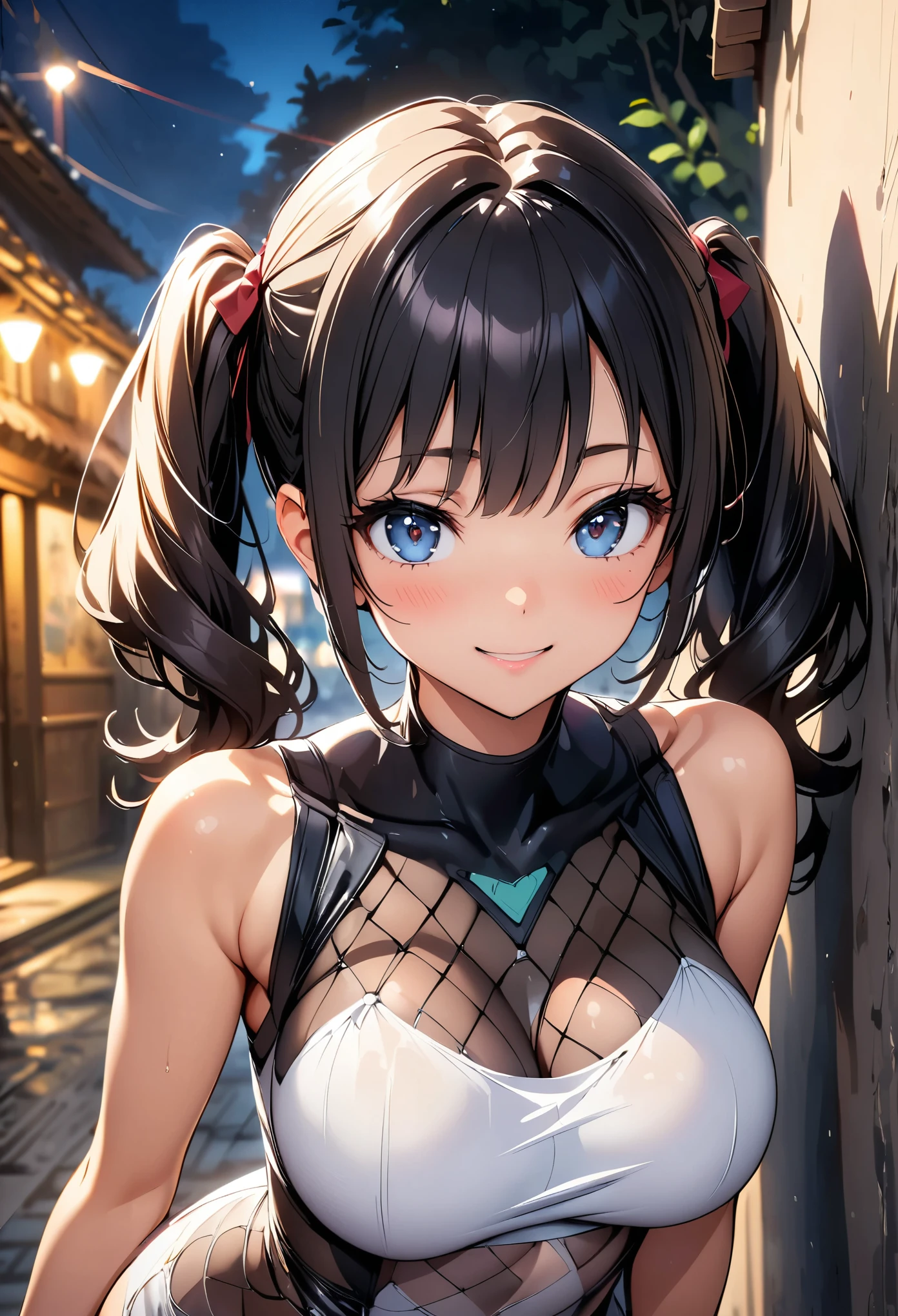 (Highest quality:1.24, Very detailed, Delicate and beautiful CG art, Detailed illustrations, High detail, masterpiece:1.2, Highest quality, Best aesthetics), (((1 Girl))), JK, ((Body net:1.2, Gloss)), blush, smile:1.2, (Black Hair, Twin tails in a high position, Bust Shot:1.1, Front view, Random Posing, Friendly atmosphere, Glossのある髪, Beautiful Skin, Detailed face and eyes, Glossのある唇, Curvy Women, Slender body, Beautiful breasts:1.4, night, Leaning against a wall, Light and shadow with attention to detail, Background Blur.