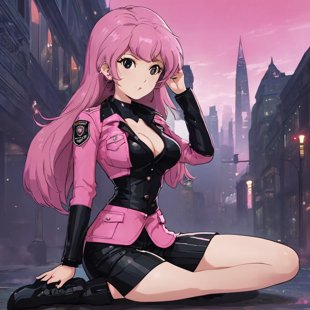 (Masterpiece, Best Quality:1.2), 1 girl, pink police suit with skirt, dark tights and boots, long green hair