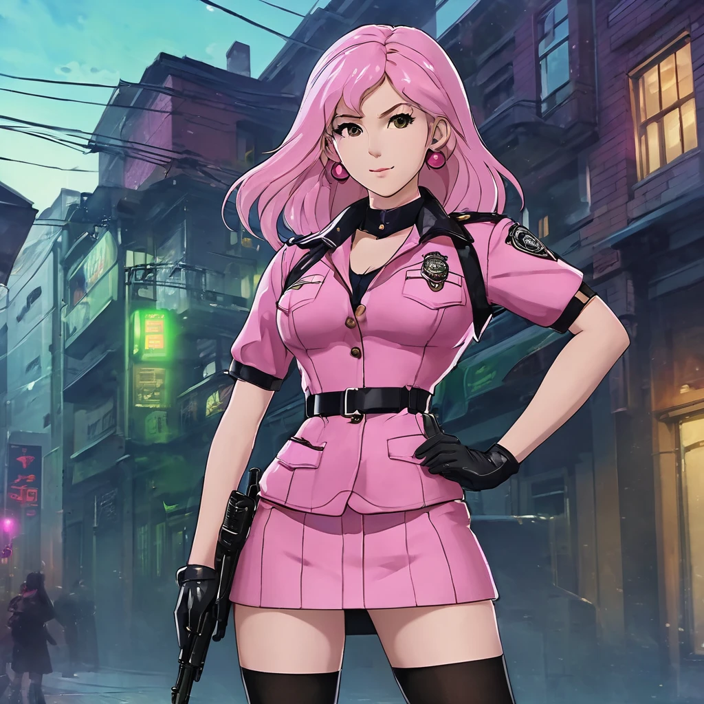 (Masterpiece, Best Quality:1.2), 1 girl, pink police suit with skirt, dark tights and boots, long green hair