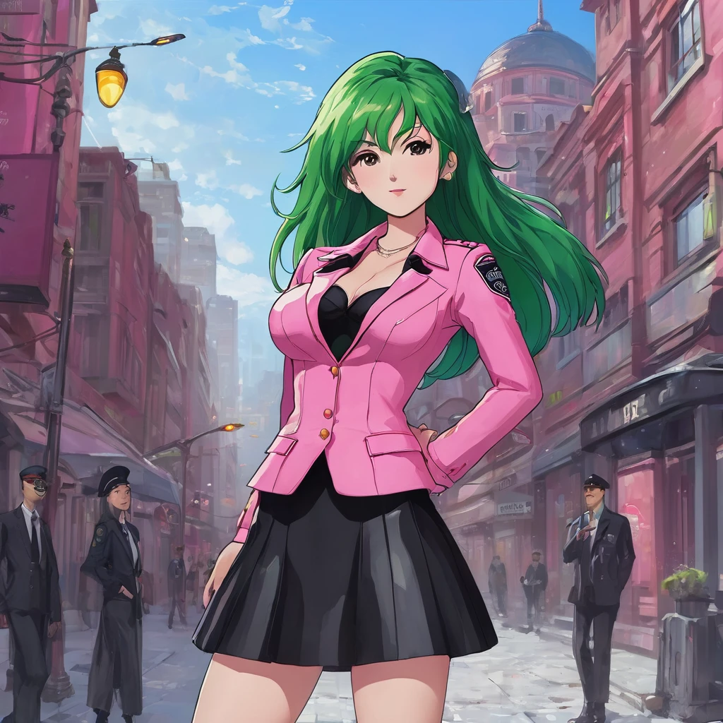 (Masterpiece, Best Quality:1.2), 1 girl, pink police suit with skirt, dark tights and boots, long green hair