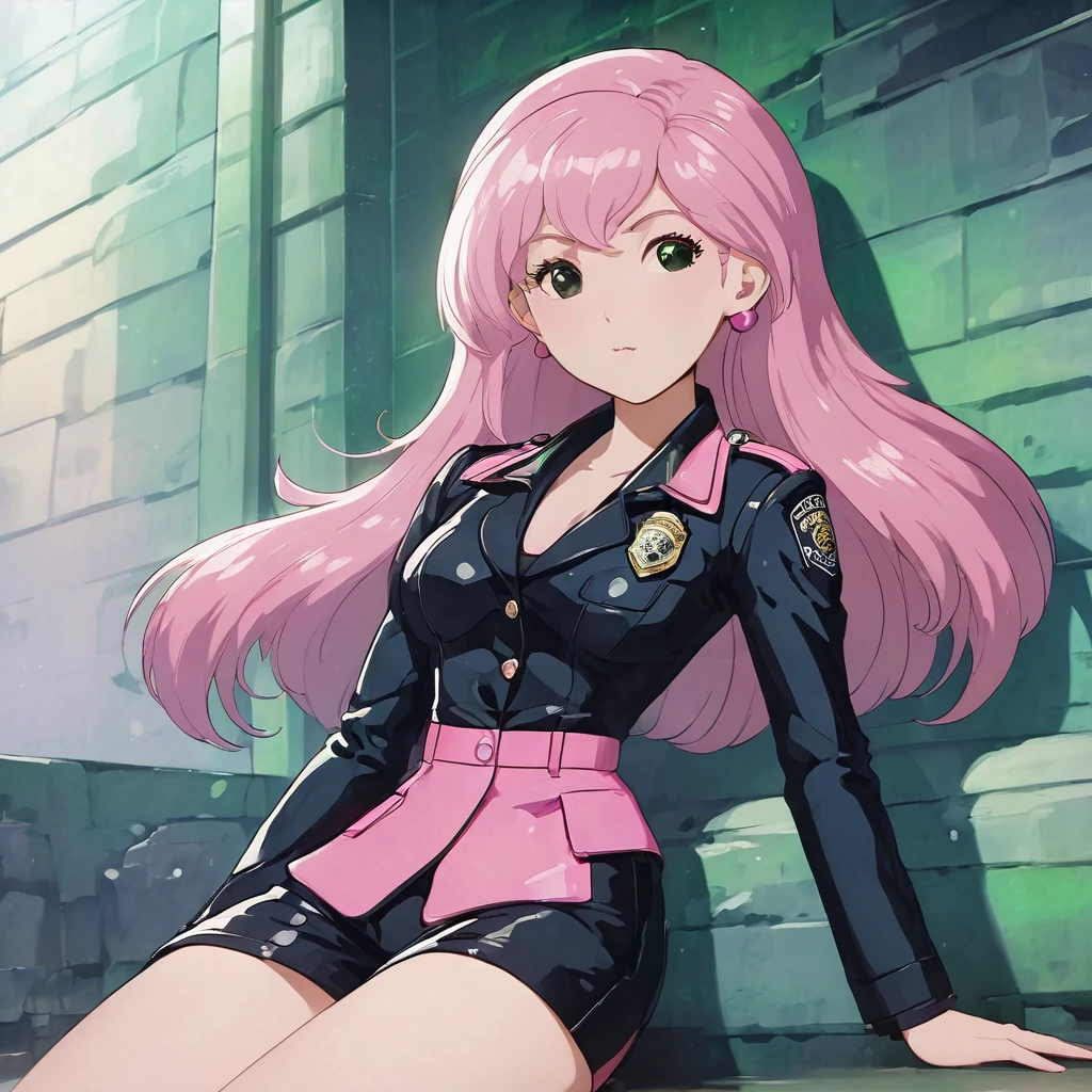 (Masterpiece, Best Quality:1.2), 1 girl, pink police suit with skirt, dark tights and boots, long green hair