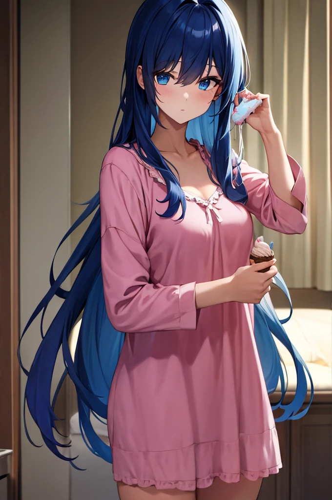 (masterpiece:1.3), (best quality:1.1), (8k, ultra detailed, ultra high res:1.2), ((anime style)), perfect 5 fingers, perfect anatomy, 
1girl,
BREAK long hair, blue hair, blue eyes, 
[medium breasts], 
BREAK Satin Nightgown, pink pajamas, 
looking at viewer, (eating ice cream:1.2), 
cowboy shot, 
fair skin, wet skin, 
moon light, indoors, inside, on a bed, wariza, 