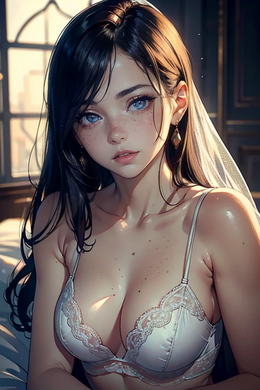 (8K, RAW Photos, Highest quality, masterpiece:1.2), Woman wrapped in sheets, Age 25, shy, Lingerie with luxurious details, Lying in bed, Sensual, Beautiful attention to detail, Beautiful lip detail, Highly detailed eyes and face, Long eyelashes, Delicate skin, feminine, Pale skin, Graceful pose, Chiaroscuro lighting, Dramatic lighting, Warm tones, Glowing Skin, Soft Focus, Realistic, Cinematic, Portraiture, whole body, Mole under left eye, Cute Freckles,Blushed, Beautiful clavicle,Skin Texture,male&#39;Hands holding a woman&#39;head,Sunburn mark,