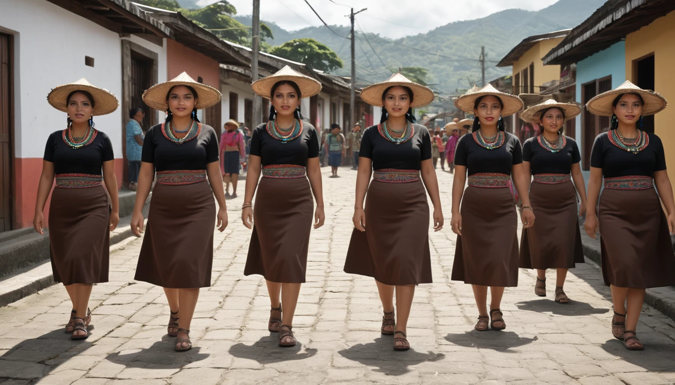 8k, top quality, done: 1.2), (realistic, photo-realistic: 1.37), highly detailed, (7 girls), This realistic image shows a large group of Guatemalan women of short stature, wearing short brown skirts and traditional tight-fitting clothes, walking among traditional guatemalan houses. The women in the image are black and appear to have different ages and short body shapes. The atmosphere of this image looks like a parade or special event involving many female participants. , breasts, beautiful eye details, (traditional clothing: 1.1), ((sexy)), curvy body, (whole body), standing, sexy,