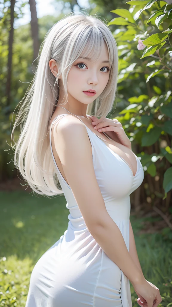 Some women have long white hair, A simple white one-piece dress worn by a beautiful girl, Real life anime girls, , Perfect white hair girl, Anime Girl Cosplay, Photorealistic Animation, Realistic anime 3D style, Realistic young anime girl, Ultra realistic anime, White Hair Girl, Photorealistic Animation girl render, Beautiful anime school girl, (Blooming Flowers々A fantastic and beautiful forest background created by), (Detailed eyes and face:1.2, Professional photography techniques), Beautiful breasts, Cleavage, Slender body line, Small beautiful butt, Tight waist, Thin thighs, (Mischievous gestures:1.3), (A confident look:1.2), (Perfect Anatomy:1.3)