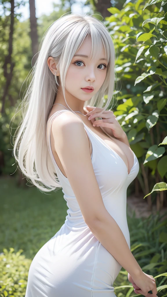 Some women have long white hair, A simple white one-piece dress worn by a beautiful girl, Real life anime girls, , Perfect white hair girl, Anime Girl Cosplay, Photorealistic Animation, Realistic anime 3D style, Realistic young anime girl, Ultra realistic anime, White Hair Girl, Photorealistic Animation girl render, Beautiful anime school girl, (Blooming Flowers々A fantastic and beautiful forest background created by), (Detailed eyes and face:1.2, Professional photography techniques), Beautiful breasts, Cleavage, Slender body line, Small beautiful butt, Tight waist, Thin thighs, (Mischievous gestures:1.3), (A confident look:1.2), (Perfect Anatomy:1.3)