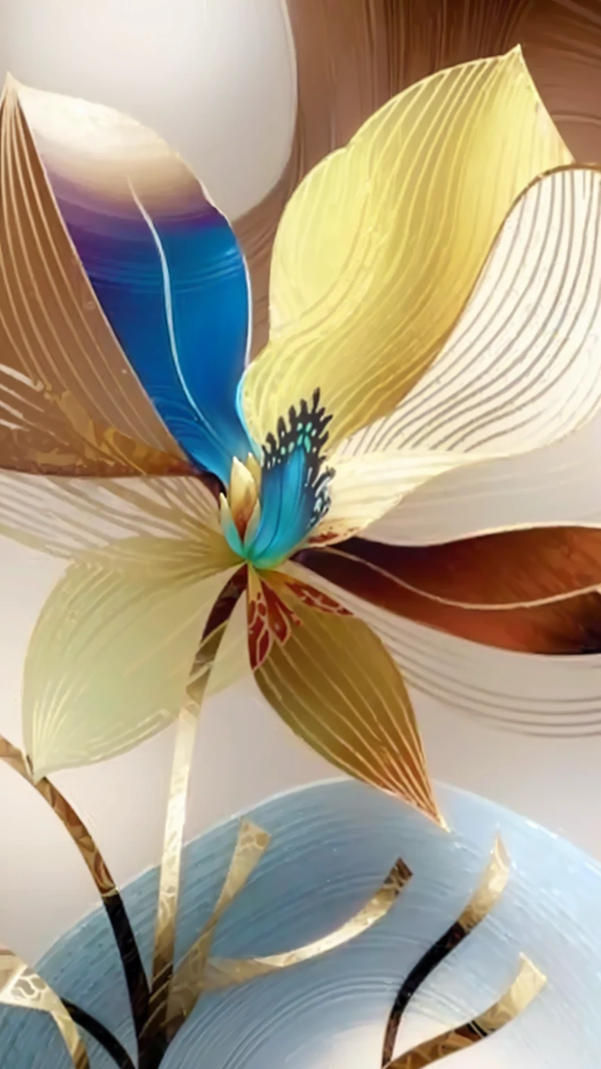 there is a painting of a flower that is in a vase, Orchid made of mother-of-pearl, layered paper art, arcane nair, interact with smooth flowing lines, metal orchid flower, Intricate 8K detail, 3d giant orchid flower, complex digital painting, depicting a flower, intricate art deco leaf designs, intricate 3d illustration, complex image, exquisite digital illustration