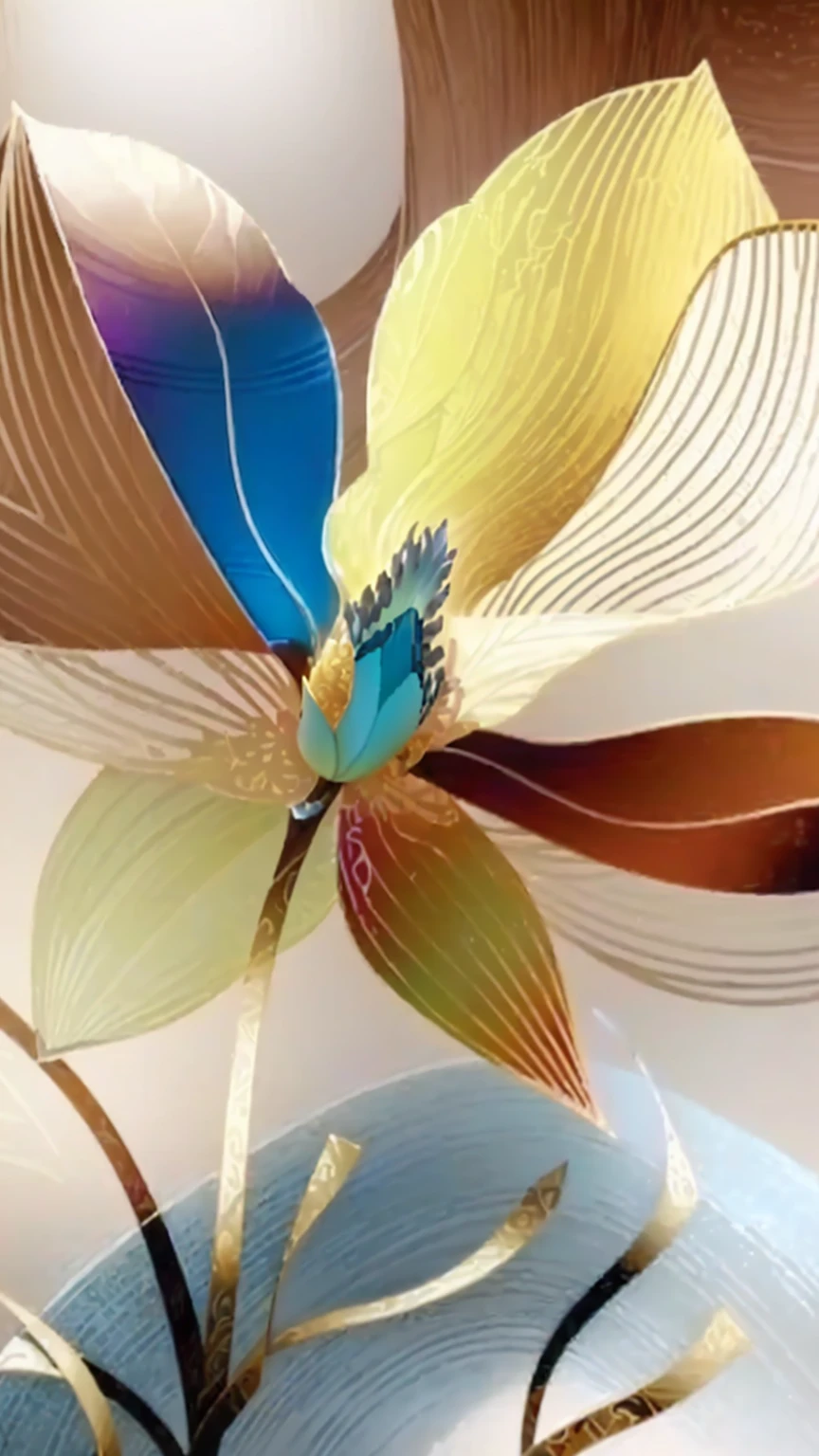 there is a painting of a flower that is in a vase, Orchid made of mother-of-pearl, layered paper art, arcane nair, interact with smooth flowing lines, metal orchid flower, Intricate 8K detail, 3d giant orchid flower, complex digital painting, depicting a flower, intricate art deco leaf designs, intricate 3d illustration, complex image, exquisite digital illustration