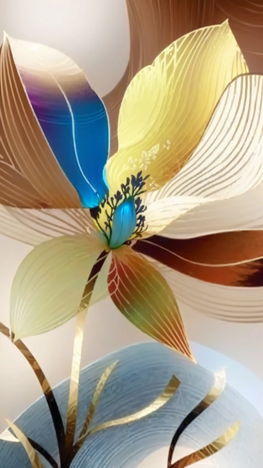 there is a painting of a flower that is in a vase, Orchid made of mother-of-pearl, layered paper art, arcane nair, interact with smooth flowing lines, metal orchid flower, Intricate 8K detail, 3d giant orchid flower, complex digital painting, depicting a flower, intricate art deco leaf designs, intricate 3d illustration, complex image, exquisite digital illustration