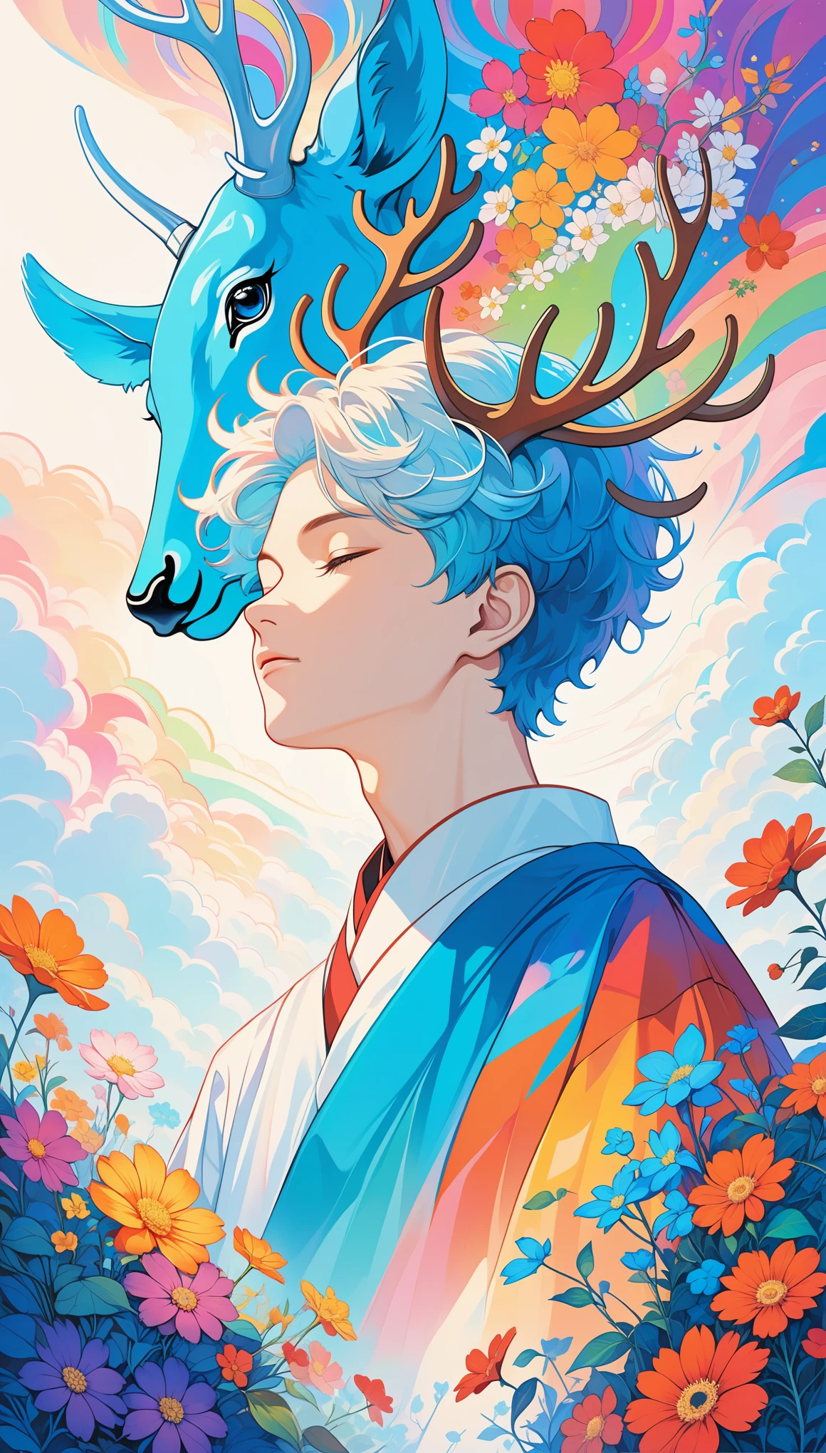 (psychedelic art:1.5),(view from below:1.2),boy,personification,big color block,white,blue,Upper body,eyes closed,deer,There are flowers,