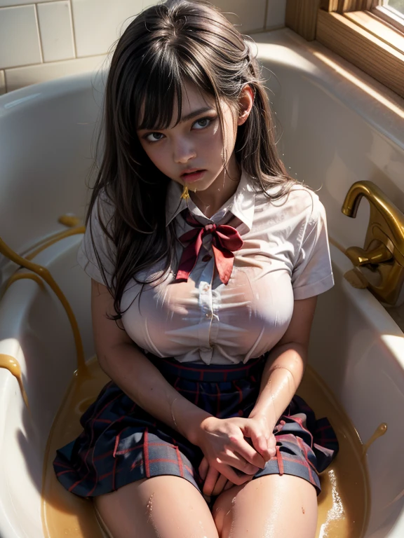 (masterpiece, best quality:1.2), in the bathtub, school girls , school girls outfit, tight shirt , wet clothes, soaked, wet hair, wet skin, translucent, glistening with oil , dishevelled , skirt dark red , plaid skirt , pleated skirt , Tight shirt , white Shirt , school girl , red knot , red bow , school , big breasts , big tits , vomit Yellow saliva dripped down and stained her shirt ,vomit Yellow saliva ran down her shirt , Puked up , vomit , vomiting from mouth , Puking out of mouth