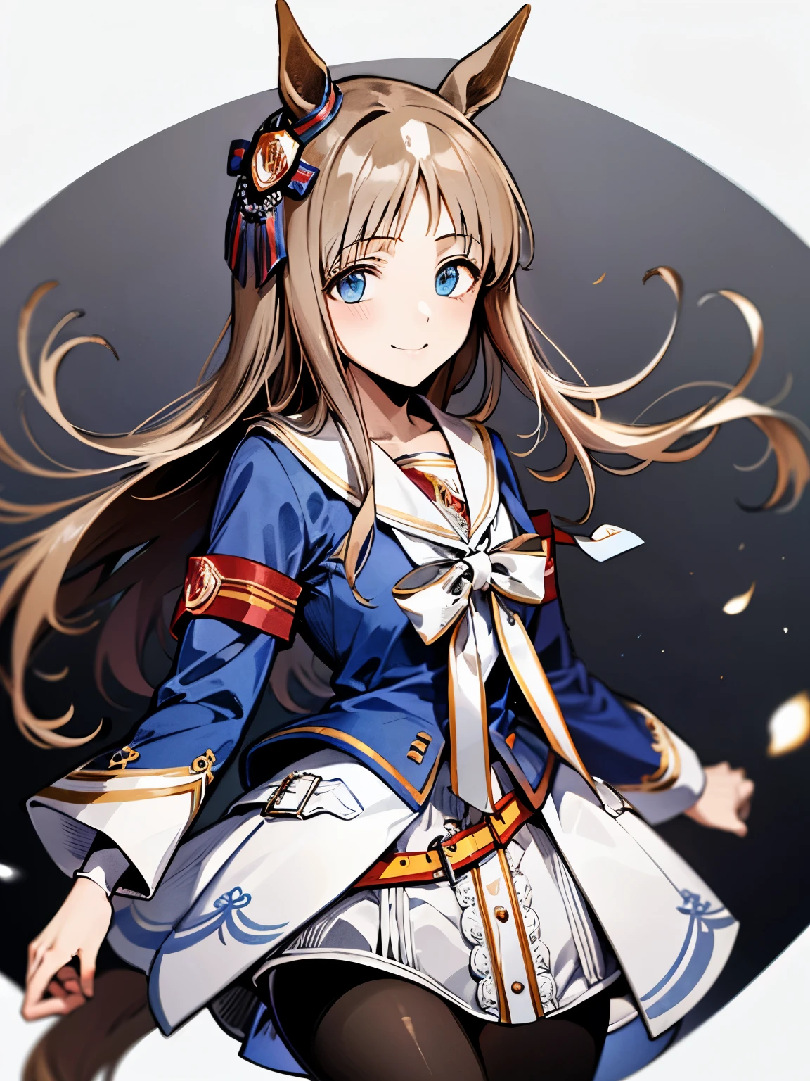 grass wonder \(Umamusume\), 1 girl, Solo, Best Quality, masutepiece, 8K, High resolution, Ultra-detailed, light smile, reach arm for viewer, Blue jacket, White sailor color, Long sleeves, White skirt, Black pantyhose,