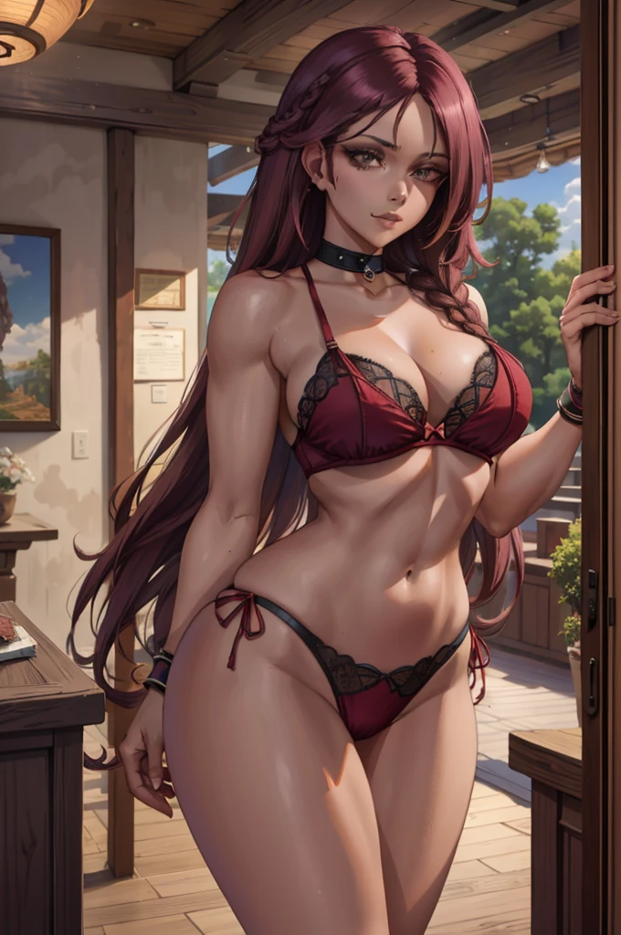 burgundy hair, brown skin, intricate laced lingerie, detailed gorgeous face, beautiful mature aboriginal girl, long braided burgundy hair, large_breast, toned stomach, ample hips, mesmerizing accentuated detailed big booty, showing midriff, (photorealistic, photorealism), (8k, RAW photo, highest quality, masterpiece, ultra-high resolution, physically-based rendering),