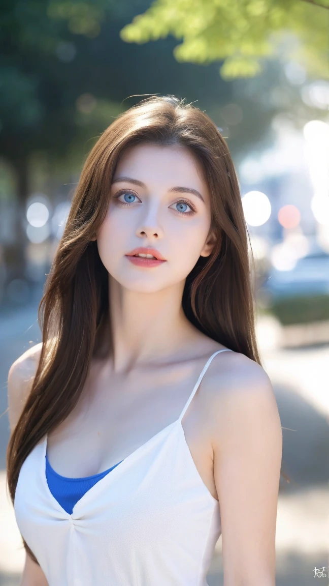 ((Highest quality, 8K, masterpiece:1.3))，One girl，18-year-old，Asian，Realistic texture:1.3，(Background Blur:1.1)，Dress up，tall and slender figure:1.2，(Hot summer weather)，（street:1.3），Highly detailed face and skin texture，Beautiful Eyes，Long eyelashes，double eyelid，Skin whitening，Happy，Mr.々Attitude，Big Breasts、White tank top with thin fabric、Moisturized Skin、The background is a blurred park、Long hair with Red highlights、Moisturized lips、Big Blue Eyes、Watery blue eyes、