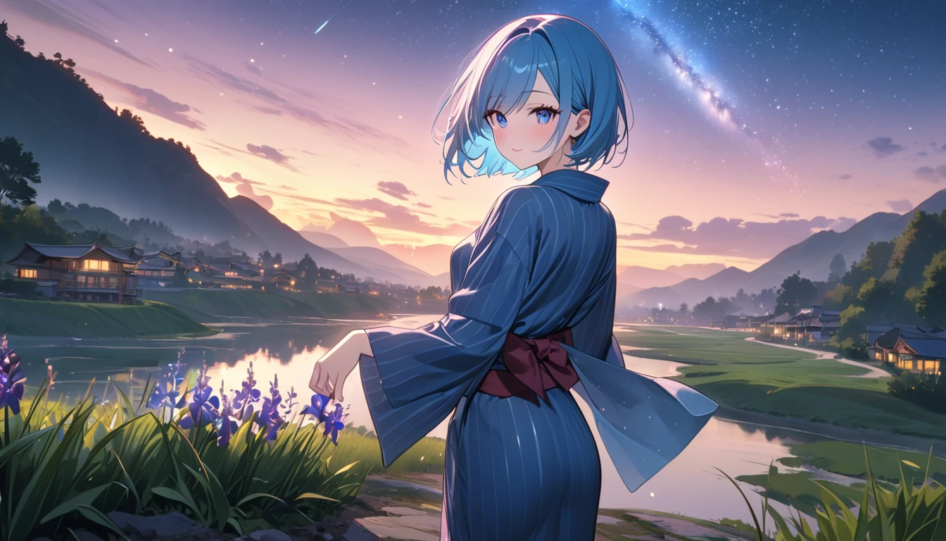 (1 girl), (Best Picture Quality, 8K, Masterpiece:1.3), (high school student:1.5), (pink lob hair:1.1), [skyblue hair:0.1], (bob cut), (swept bangs), (cute eyes, pupil black, iris skyblue, youthful face), (mole under right eye), (standard weight), (small breasts), (glistening skin:1.1), (pale skin:1.2), ((yukata decorated with stars and galaxies)), ((magical glow of light enveloping the yukata)), (standing by a riverbank under a starlit sky with the Milky Way visible), (bamboo trees with colorful tanzaku swaying in the breeze), (Fluorescent:1.3), (picturesque landscape with rolling hills, quaint village, and floating islands in the sky), (ethereal mist and shimmering lights), ((magnificent view)),(Sparkling magic effect:1.5)