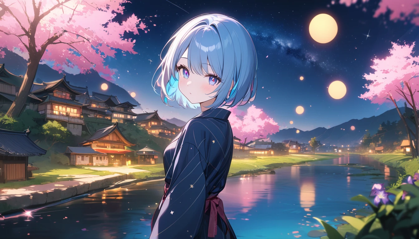 (1 girl), (Best Picture Quality, 8K, Masterpiece:1.3), (high  student:1.5), (pink lob hair:1.1), [skyblue hair:0.1], (bob cut), (swept bangs), (cute eyes, pupil black, iris skyblue, youthful face), (mole under right eye), (standard weight), (small breasts), (glistening skin:1.1), (pale skin:1.2), ((yukata decorated with stars and galaxies)), ((magical glow of light enveloping the yukata)), (standing by a riverbank under a starlit sky with the Milky Way visible), (bamboo trees with colorful tanzaku swaying in the breeze), (Fluorescent:1.3), (picturesque landscape with rolling hills, quaint village, and floating islands in the sky), (ethereal mist and shimmering lights), ((magnificent view)),(Sparkling magic effect:1.5)