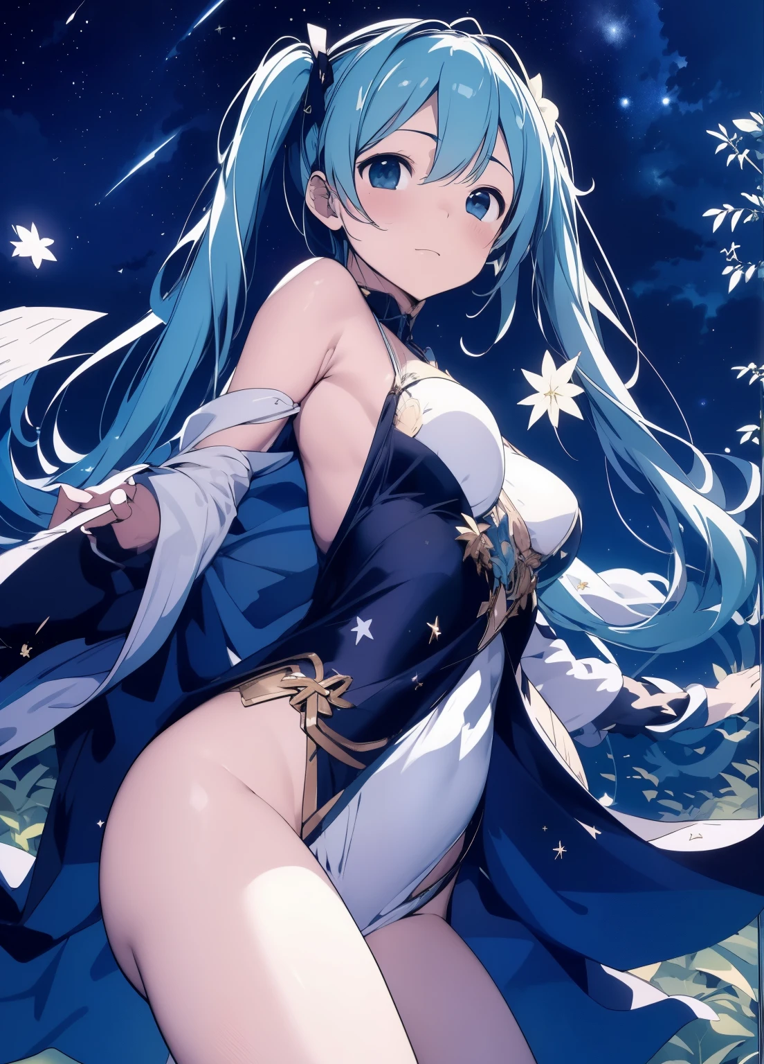 (masterpiece、Highest quality、Highest quality、Official Art、Beautiful and beautiful:1.2)、(One girl:1.3)Hatsune Miku、Twin tails,Beautiful breasts,Starry Sky、milky way、Tanabata、Orihime、Altair、Deneb、altair、Vega、Summer Great Triangle、Looking up at the night sky、grassland、shooting star、Bamboo leaf、Wish on a strip of paper、Night sky full of sky