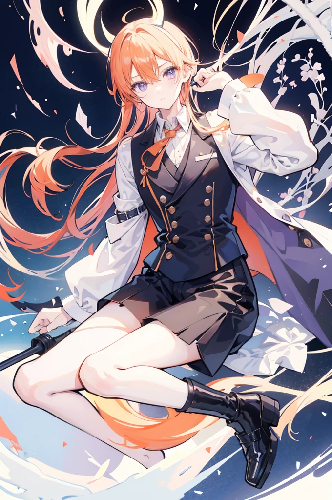 White background、Japan anime illustrations、成人male、アニメのmale、Orange Hair、all back、Black headband、Monocle、Purple Eyes、White shirt、Black vest、Black slacks、Brown leather shoeale、日本のmale、笑顔のmale、おでこがでているmale