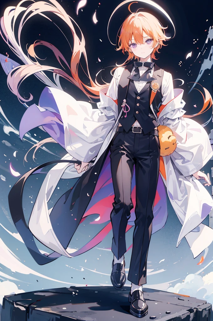 White background、Japan anime illustrations、成人male、アニメのmale、Orange Hair、all back、Black headband、Monocle、Purple Eyes、White shirt、Black vest、Black slacks、Brown leather shoeale、日本のmale、笑顔のmale、おでこがでているmale
