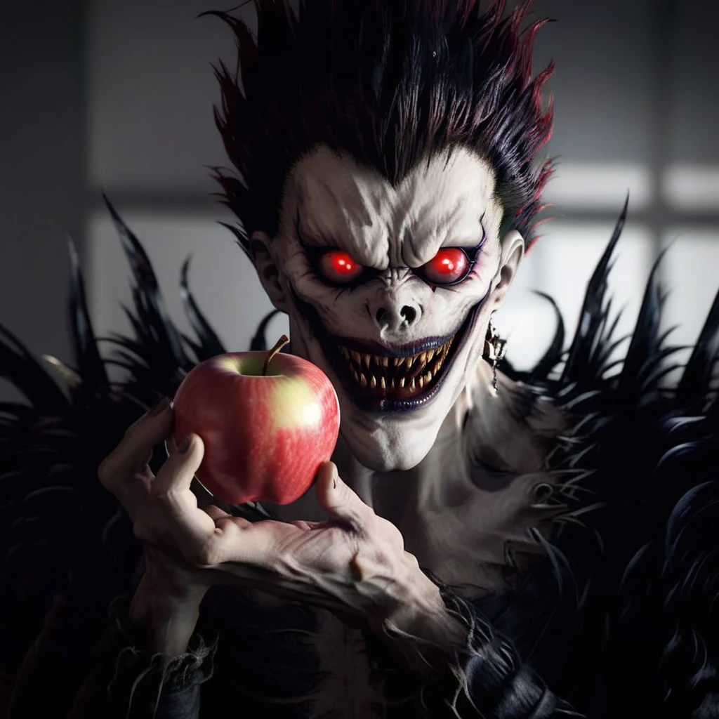 Ryuk1024, a demon, eating a red apple, highly detailed, photography, ultra sharp, film, bokeh, professional, on a white background