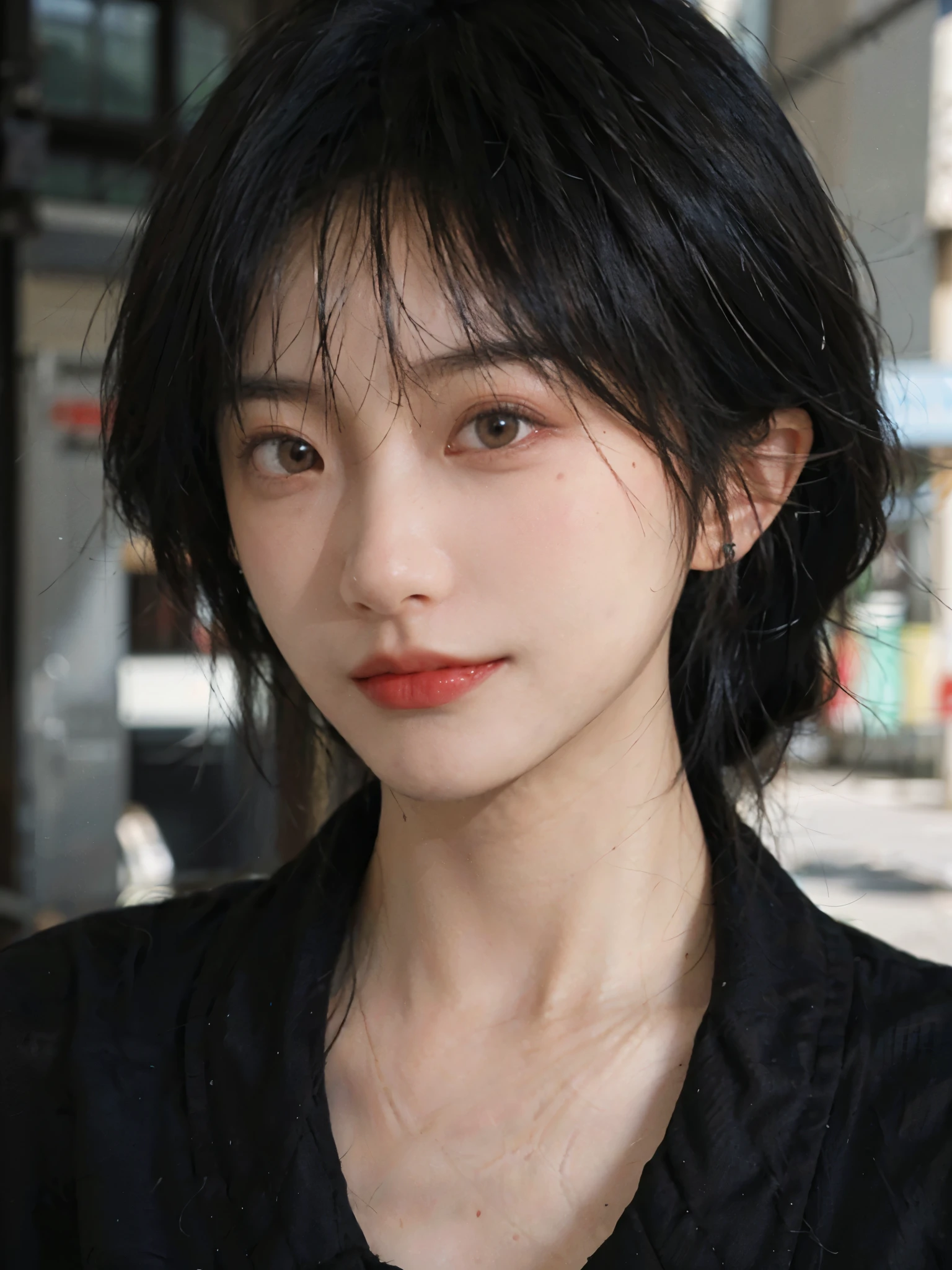 (Skin details:1.4), (smooth skin textures:1.3), (Upper body:1.4),(Upper Body:1.3),(Black clothes:1.4),Lipstick, background, earrings, serene, calm, (Realistic and detailed eyes:1.2), Natural skin texture, Realistic facial details, Soft dramatic lighting, Vivid details, 35 mm film, outdoor, (Photo Practical:1.4), (hyper Practical:1.4), (Practical:1.3), (Smoother lighting:1.05), (Improve lighting quality:0.9), (Highest quality real skin textures:1.4), Exquisite eyes, Delicate face, Close-up of face, (Enhance the beauty of skin texture:1.1),0Normal body proportions, short hair, Moles under the eyes, A faint smile,Portrait Photography, Depth of Field, Bokeh, Surrealism, Ray Tracing, (Portrait Photography:1.1), Surrealism, High Detail, Chiaroscuro, Ray Tracing, reflected light, Ultra HD, Ultra HD, masterpiece, Textured Skin, Super Detail, High Detail, high quality, best quality