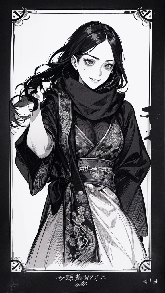 Highest quality, (Background details), High Contrast, Very beautiful woman, Detailed original illustrations, functional, Delicate face, Black Hair、Ninja, Ninja costume, scarf, Face covered with a hand towel, Charm, Bad boy, sexy, Real breasts, Crazy Smile, Crazy Eyes, Black Robe, Black background, (Black background: 1. 5), Beautiful line art, Monochrome