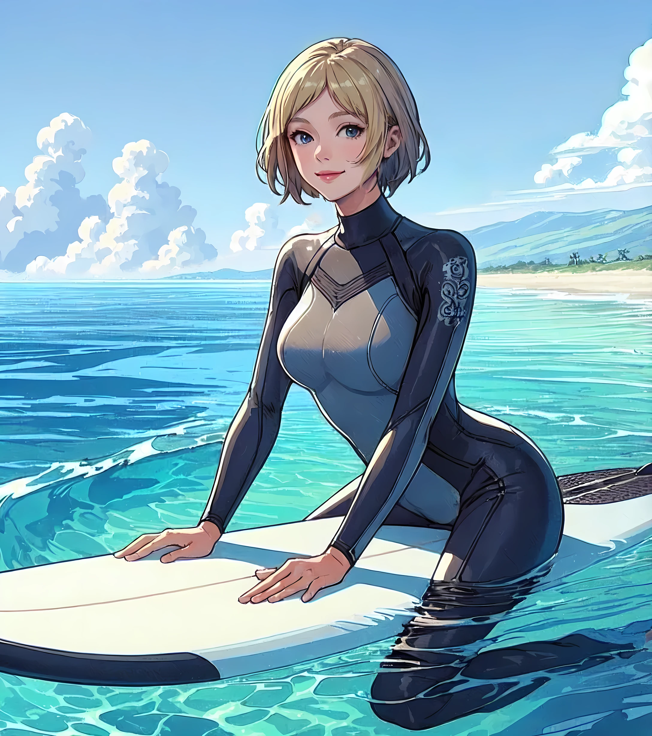 1lady solo, straddling on surfboard, (stylish wetsuit) surfer, (mature female:0.8), /(beige blond hair/) bangs, light smile, (masterpiece best quality:1.2) delicate illustration ultra-detailed, large breasts BREAK (sea surface) outdoors, quiet sea, horizon, blue sky, detailed background
