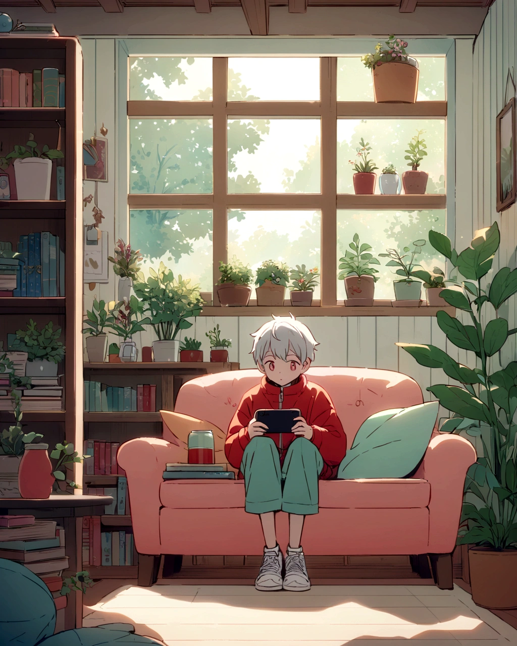 "A young boy with light gray hair sits on a couch in a cozy living room, holding a smartphone. He is wearing a white and red oversized jacket and white sneakers. The room is filled with various green plants and has a warm, inviting atmosphere. A can of soda and a stack of books rest on a small round table in front of him. The walls are decorated with framed pictures and shelves with small plants and other decorations. The scene is illustrated in an anime style with soft, pastel colors."